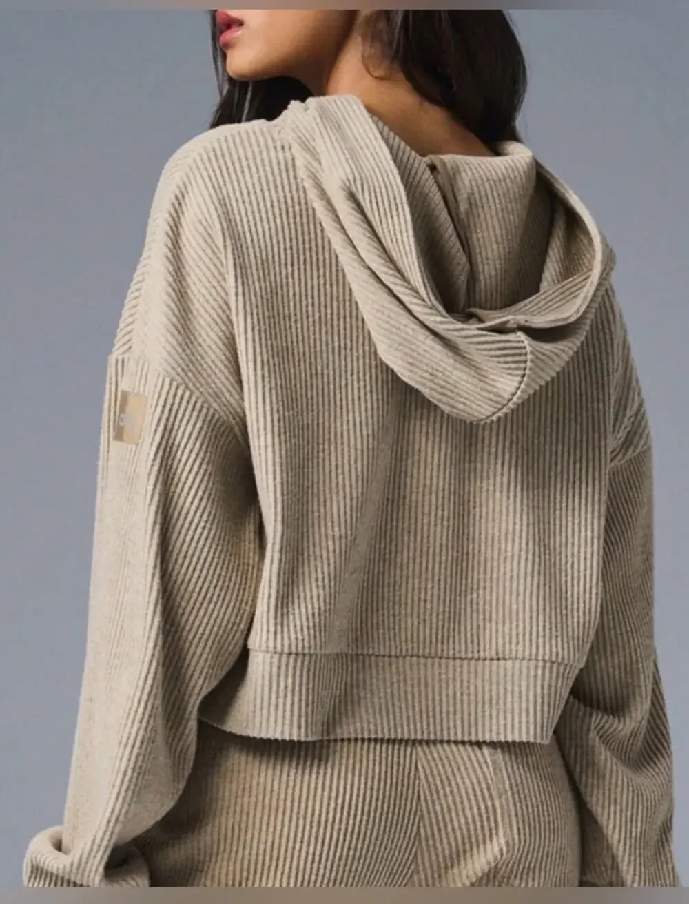 Alo Yoga Muse Hoodie Ribbed Gravel Heather Cropped Sweatshirt XS Athleisure